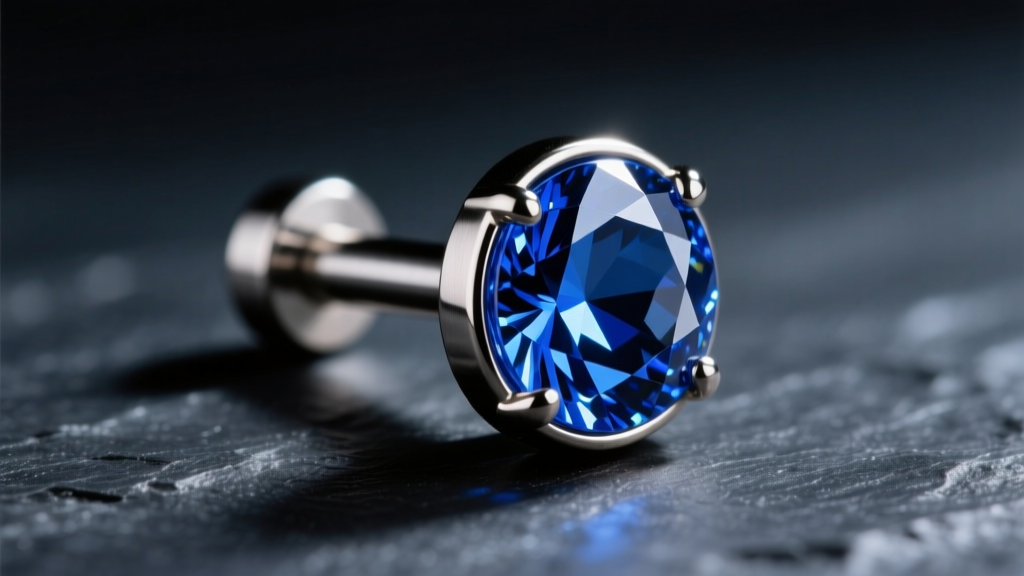 Macro shot of a titanium flat-back labret post with a bezel-set sapphire on dark slate, illuminated by dramatic side lighting.