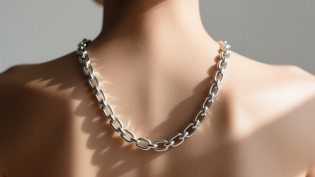 Sterling silver spine necklace draping down a back, sunlight highlighting intricate articulated metal links against the bare skin.