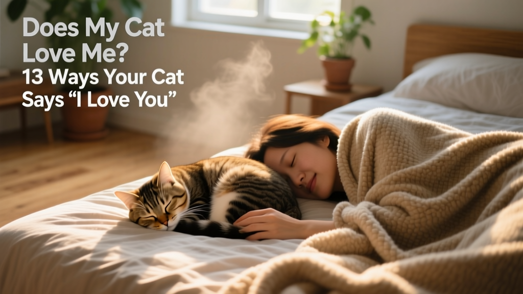 A cat curled up asleep next to its human on a cozy bed, both covered by a soft throw blanket