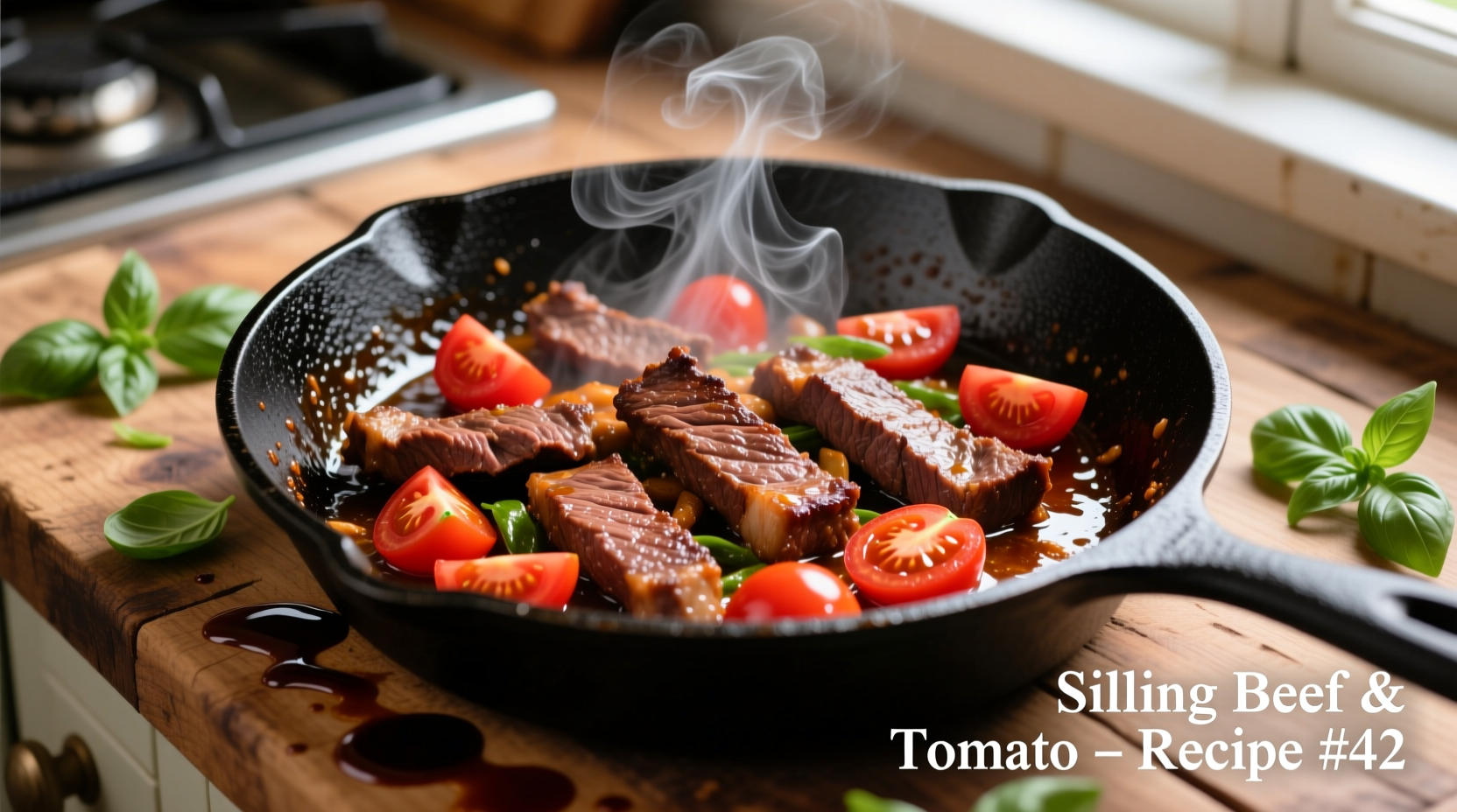 Sizzling beef and tomato recipe in cast iron skillet
