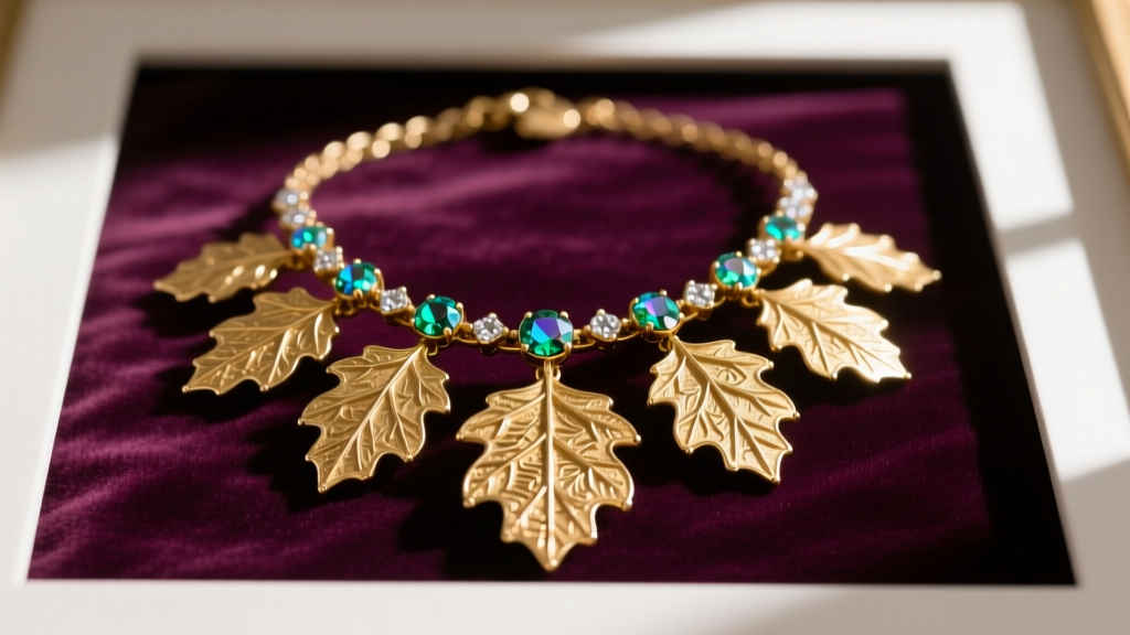Close-up of a 1960s gold-tone vintage Lisner necklace with textured oak leaf pendants and AB stones on velvet
