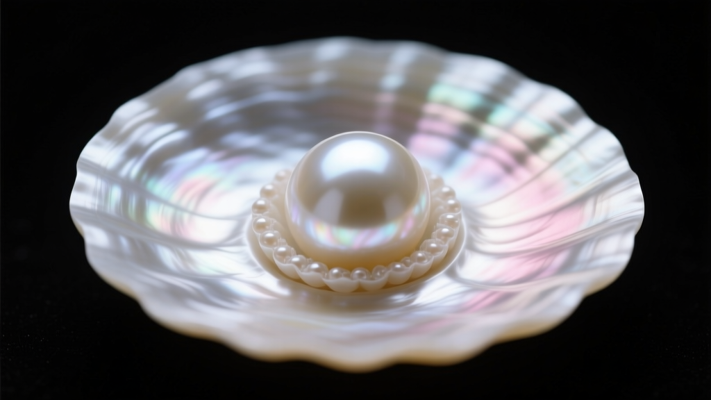 Macro cross-section of a South Sea pearl showing thick concentric nacre layers over a bead nucleus under soft side lighting.