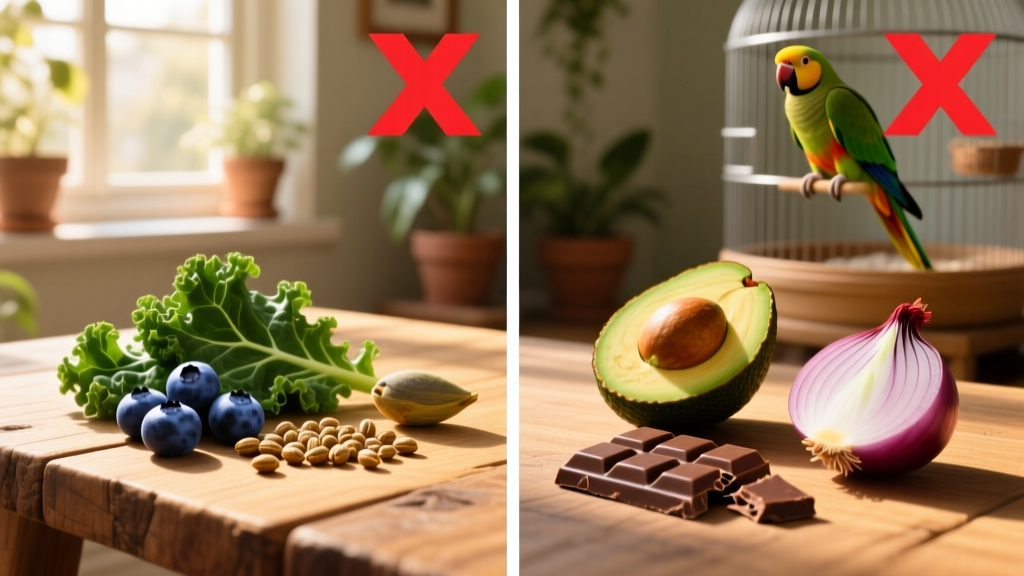 Side-by-side comparison: safe foods (blueberries, kale, pellets) vs. unsafe foods (avocado slice, chocolate bar, onion) with clear 'X' icons