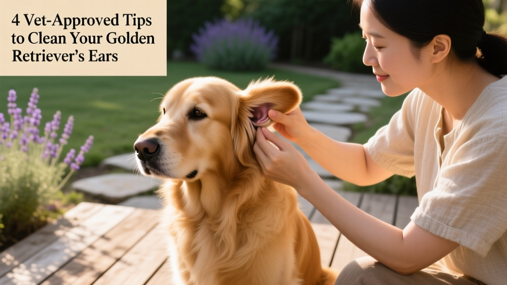 Golden Retriever sitting calmly while owner gently lifts one ear flap to inspect the outer ear
