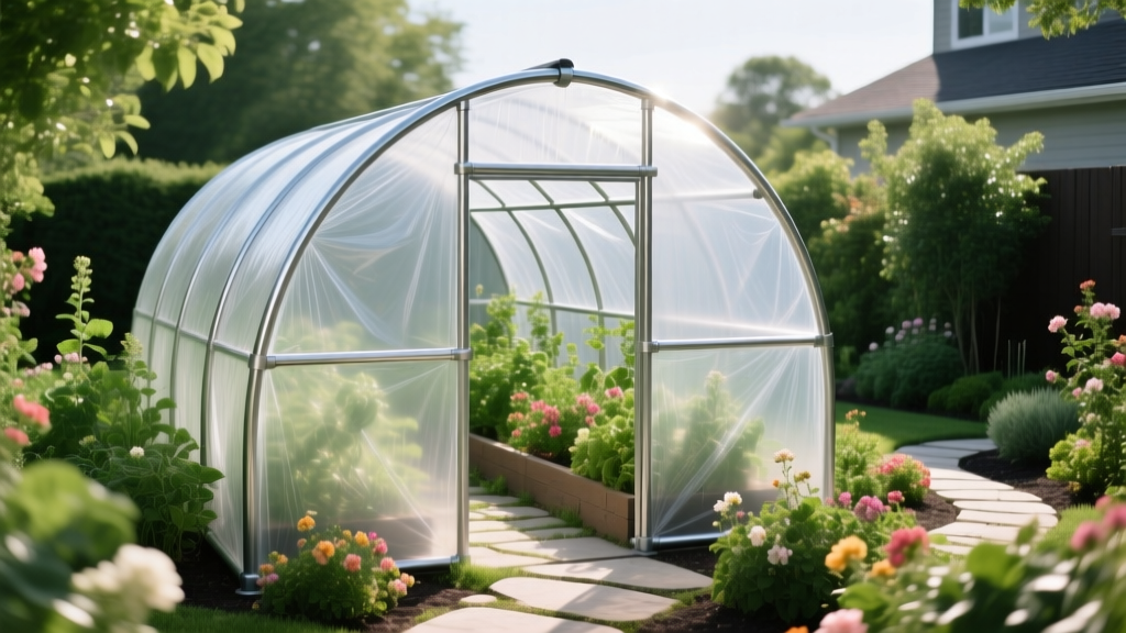 A DIY hoop house greenhouse framed with bent galvanized steel pipes and covered in translucent 6-mil poly film, situated in a lush backyard garden