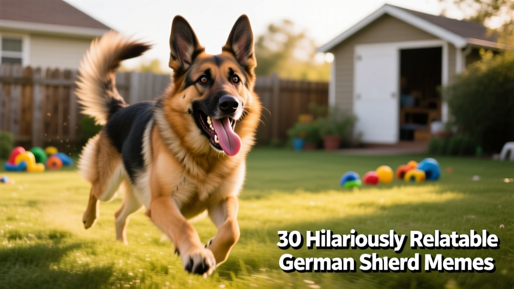 A German Shepherd mid-“zoomie” — tongue lolling, ears flapping, eyes wide with joyful chaos