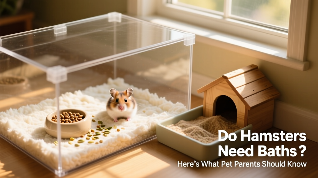 Well-maintained hamster habitat with fresh bedding, food dish, and sand bath in corner