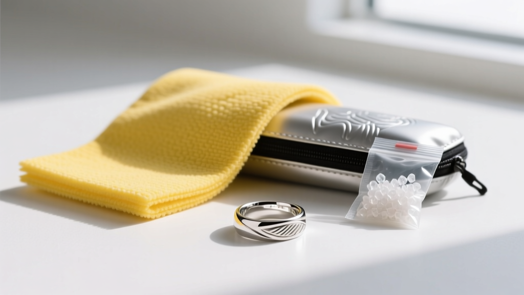 Yellow micro-abrasive polishing cloth beside an anti-tarnish bag with silica gel and a bright polished sterling silver ring