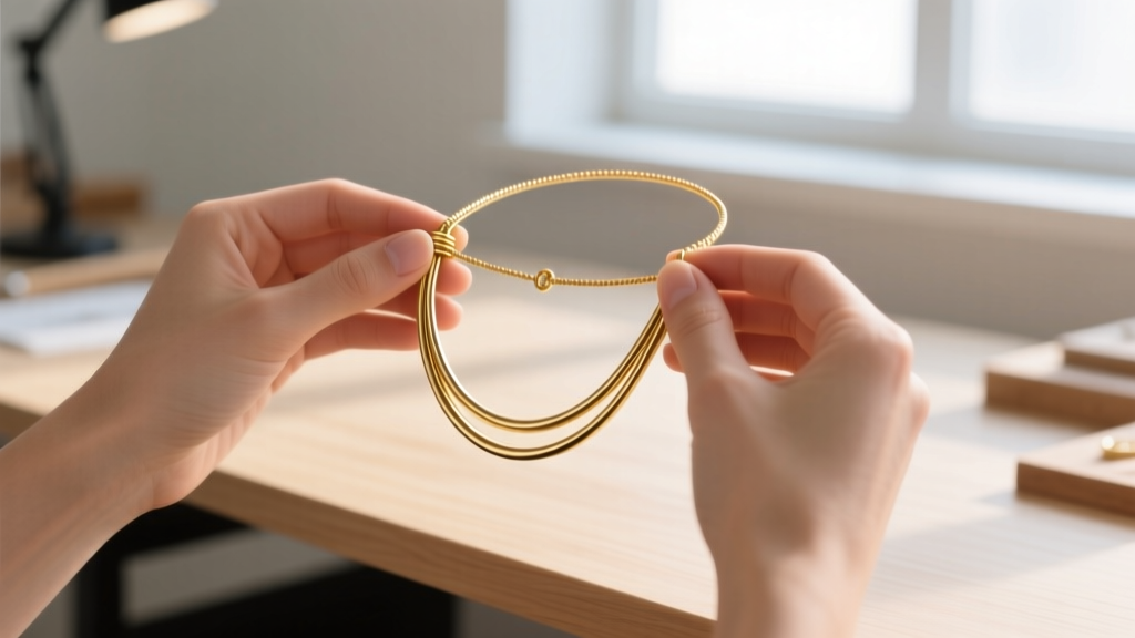 Hands holding a gold-plated carbon steel memory wire necklace, showing proper clasping technique at a bright, well-lit craft desk.