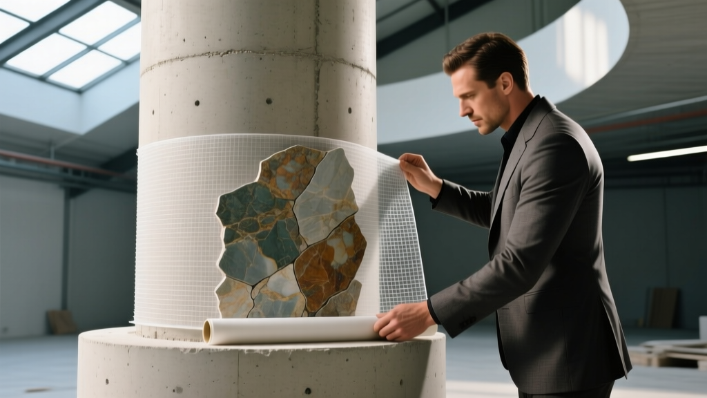 Architect inspecting a flexible 2mm thin stone veneer sheet backed with fiberglass mesh rolled over a curved concrete column form