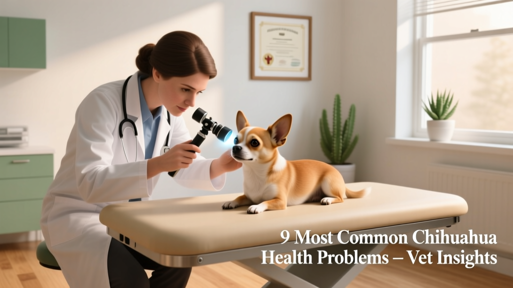 Veterinarian examining a Chihuahua's eyes using an ophthalmoscope in a calm clinic setting