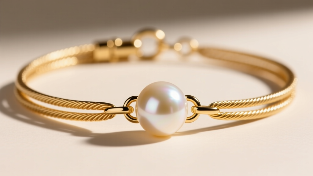 Macro shot of a 1.2mm 18k gold cable chain layered with an Akoya pearl choker, showing the delicate lobster clasp and jump ring