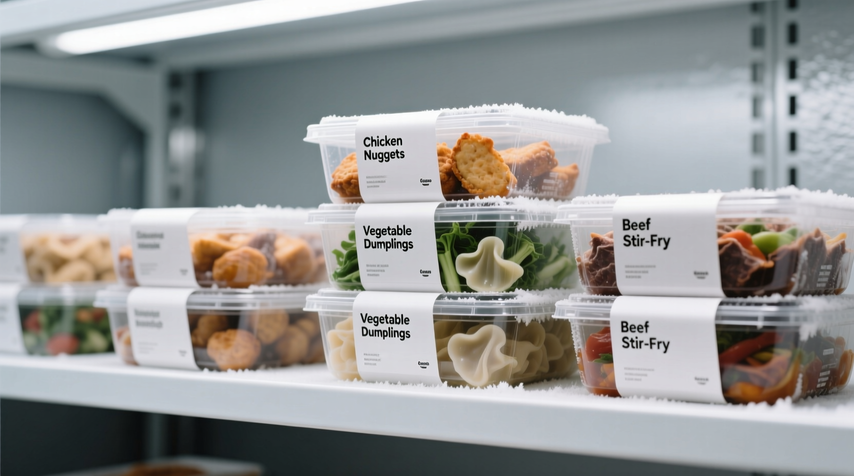 Properly packaged frozen foods in labeled containers