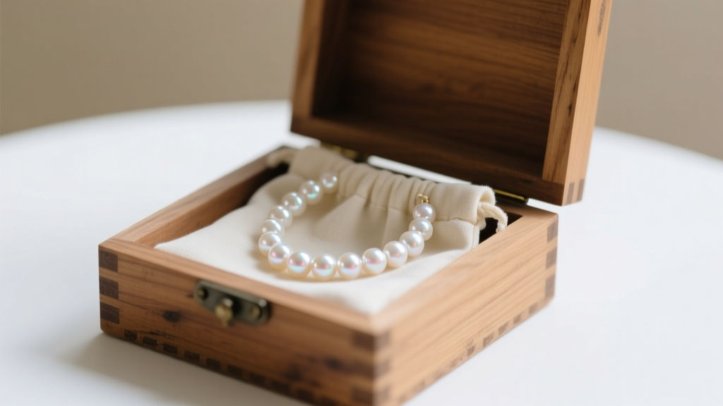 Wooden box showing a pearl necklace in a soft linen pouch, stored safely away from direct sunlight and plastic
