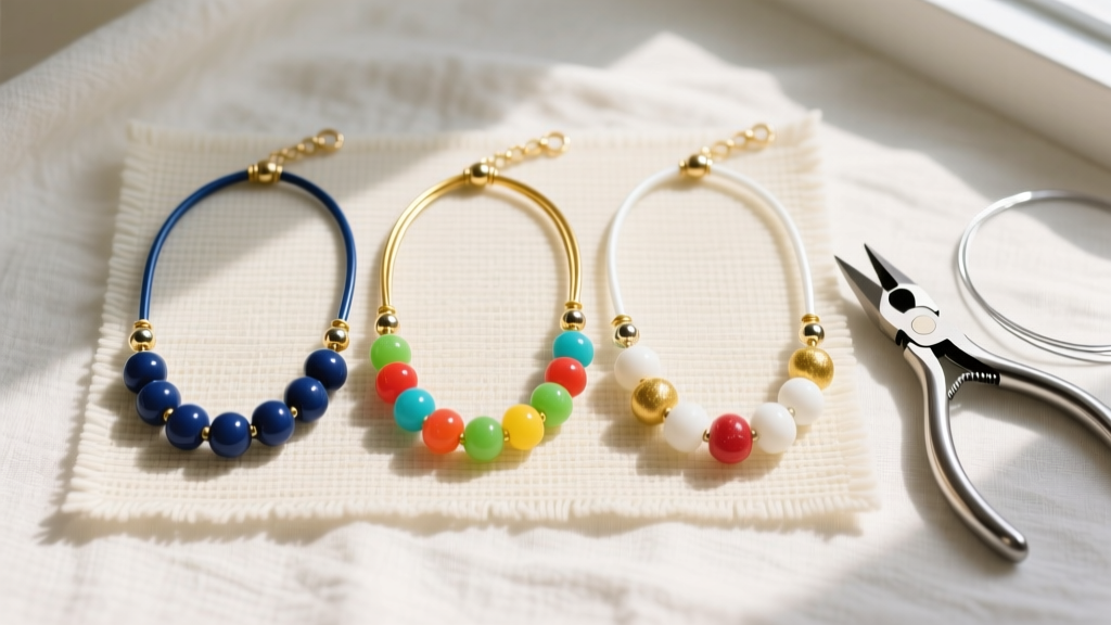 Flat lay of three DIY candy necklaces in school colors next to jewelry crimping pliers and wire cutters on a craft mat.