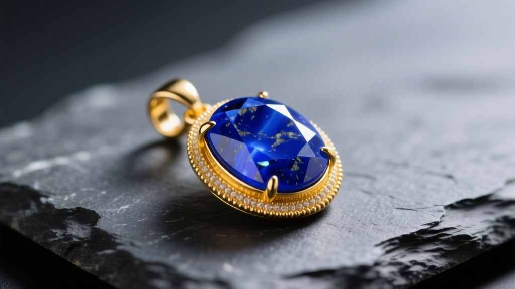 Deep blue Afghan lapis lazuli pendant in a 14k yellow gold bezel setting, resting on dark slate under soft studio lighting