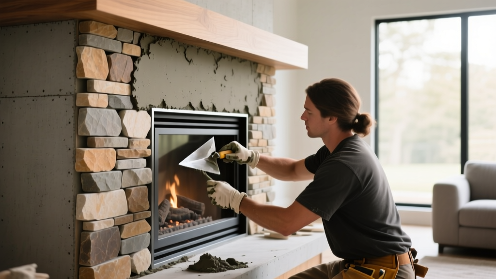 Mason applying Type S mortar to cement board while installing stacked stone veneer around a modern fireplace firebox