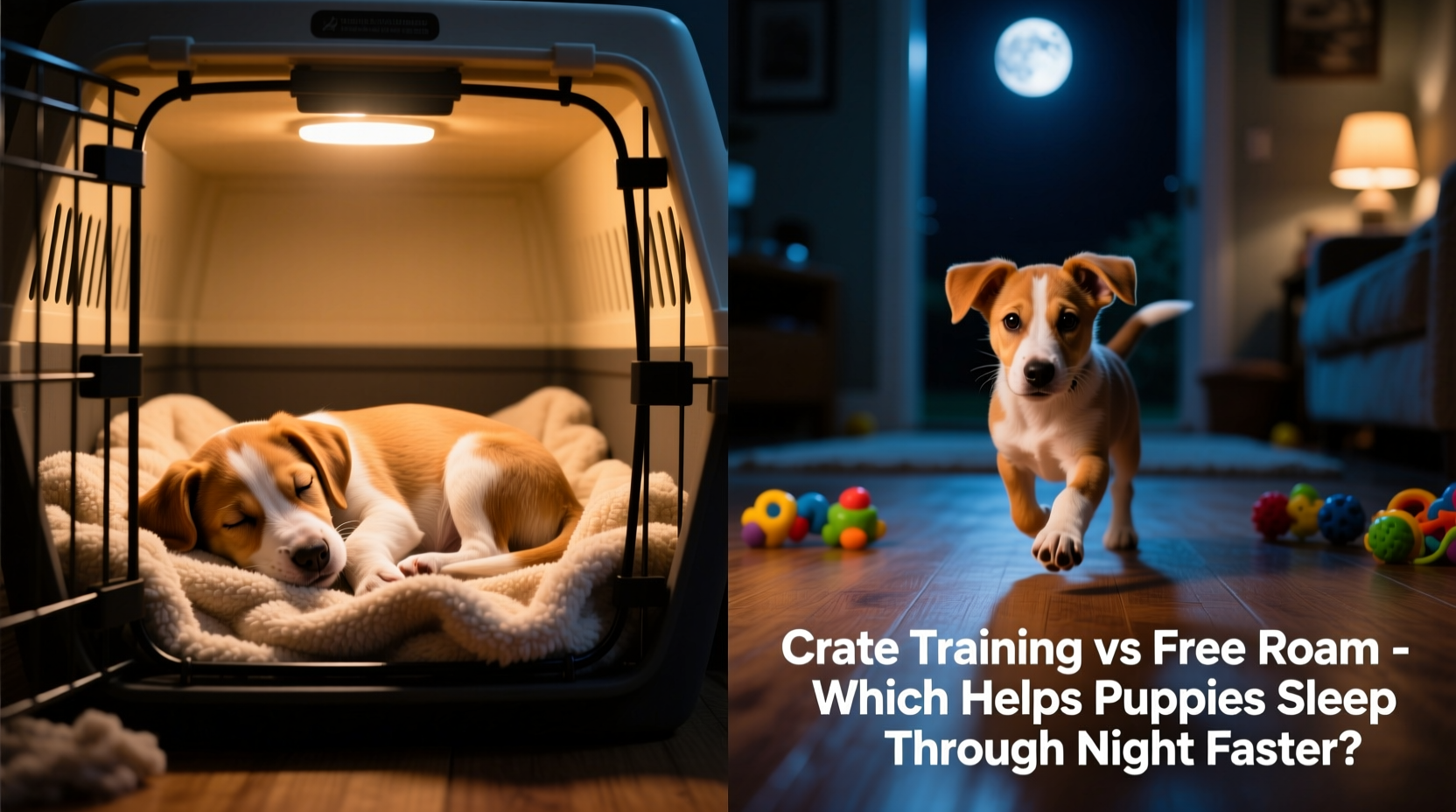 crate training vs free roam at night which helps puppies sleep through faster