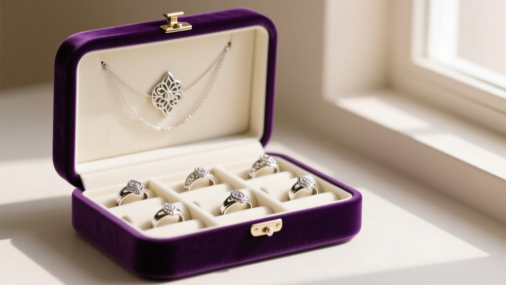 Interior of a purple jewelry box showing anti-tarnish flannel lining and individual ring rolls for delicate silver jewelry pieces.