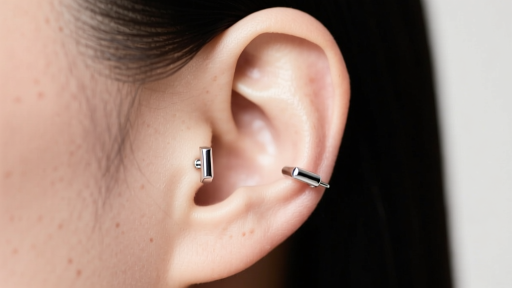 Curated ear layout with sterling silver stud earrings in the lobe and helix, shot from a clean, well-lit side profile angle.
