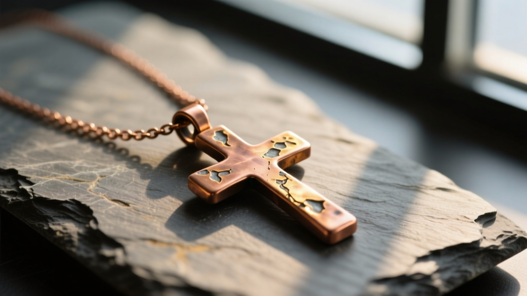 Raw copper cross necklace pendant on slate, side lighting highlighting unsealed metal texture and warm tones in sharp focus.