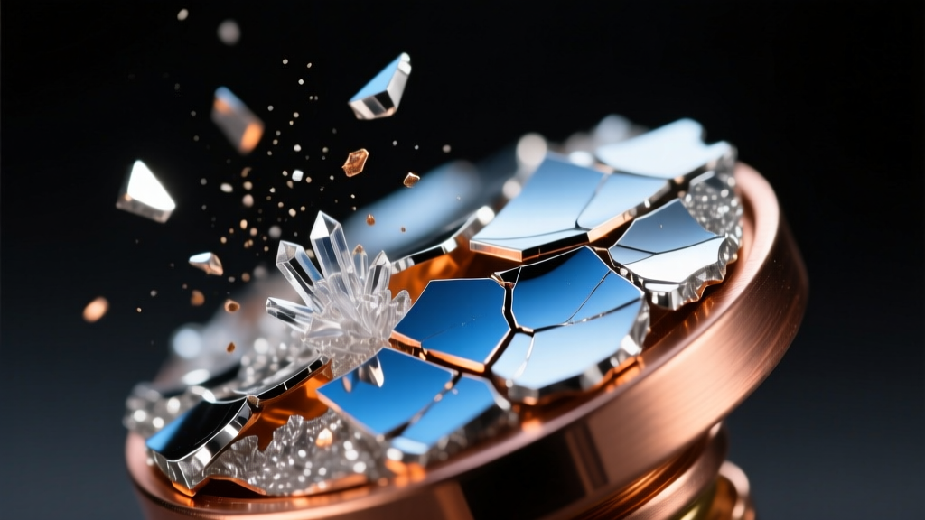 Macro shot of microscopic flaking on silver plating over a copper base metal, illuminated by bright directional studio lighting.
