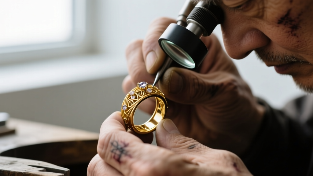 Macro photography of a jeweler's loupe inspecting a tiny 750 hallmark stamped inside an 18k solid yellow gold ring band