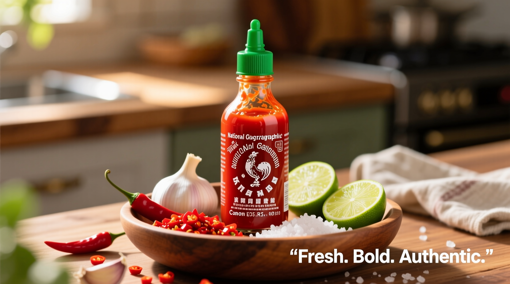 Close-up of sriracha bottle with fresh ingredients