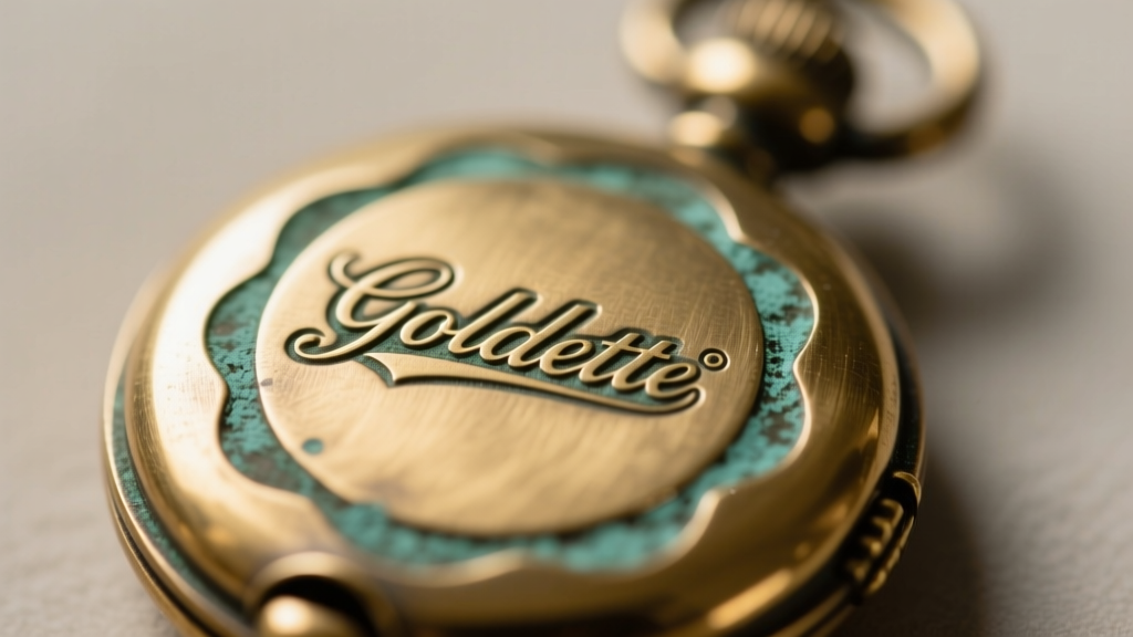 Macro shot of a stamped Goldette hallmark on a vintage brass locket clasp, revealing slight patina and sharp, clear lettering.