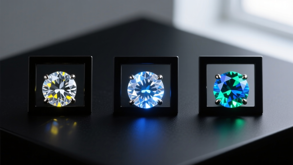 Macro shot comparing natural diamond, lab-grown, and moissanite earring studs under UV light to reveal fluorescence differences
