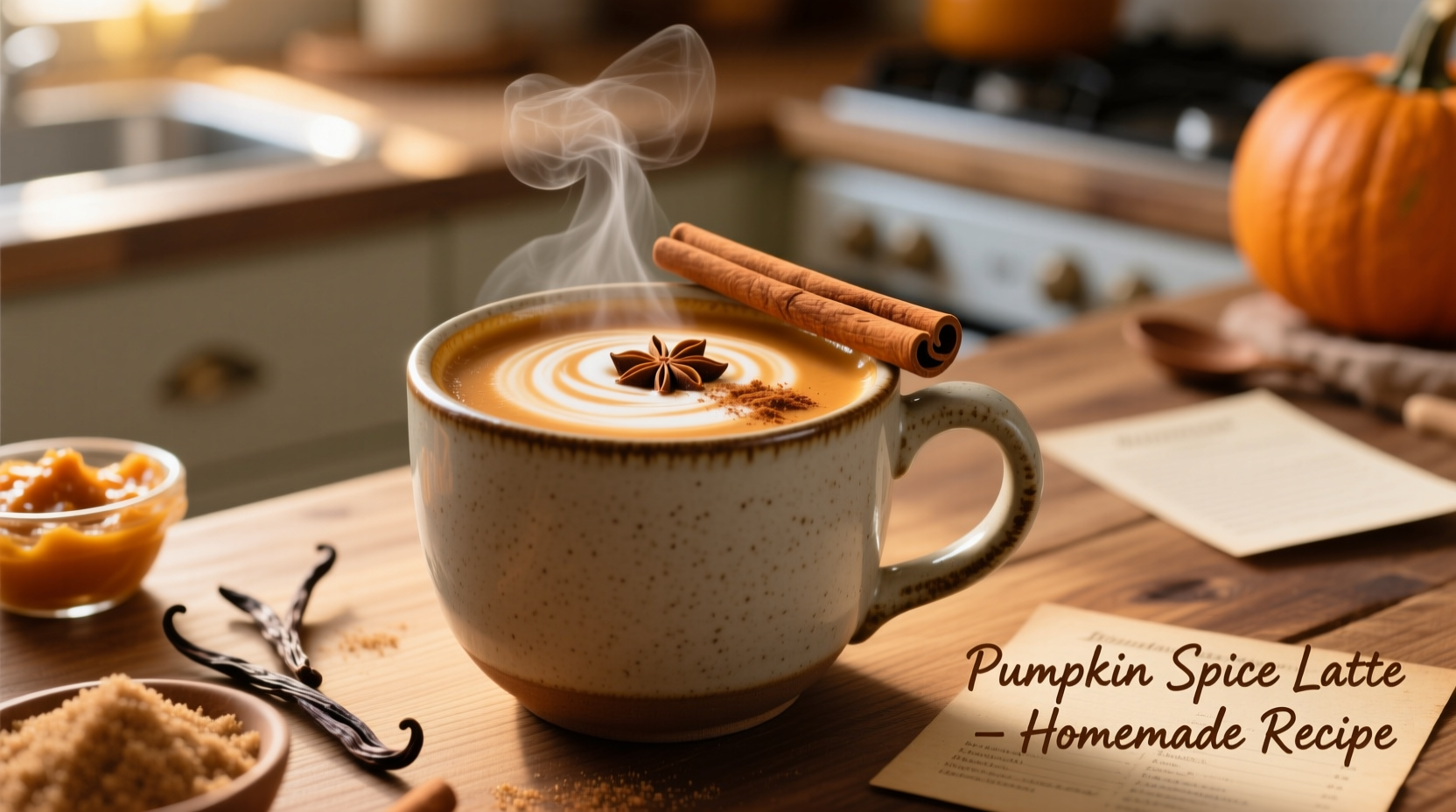Homemade pumpkin spice latte in ceramic mug with cinnamon stick