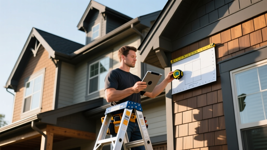 Contractor holding a digital laser measure and tablet calculating vinyl siding squares on a complex two-story residential exterior with dormers