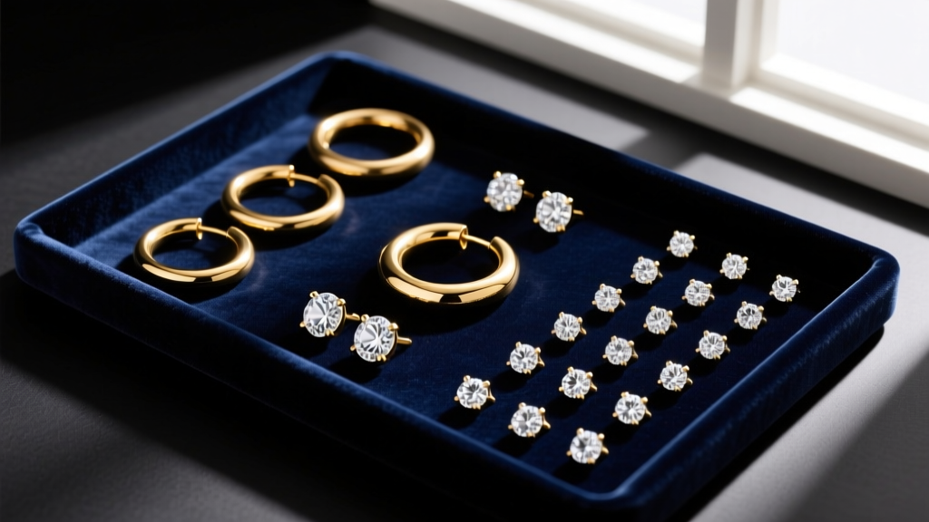 Top-down view of a curated earring collection featuring gold hoops and diamond studs resting on a dark velvet anti-tarnish tray