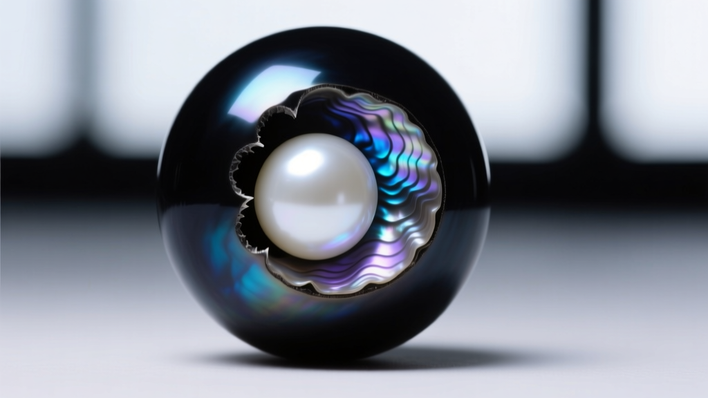 Macro view of a black pearl drill hole revealing a dyed nucleus and thin nacre, lit by a bright jeweler