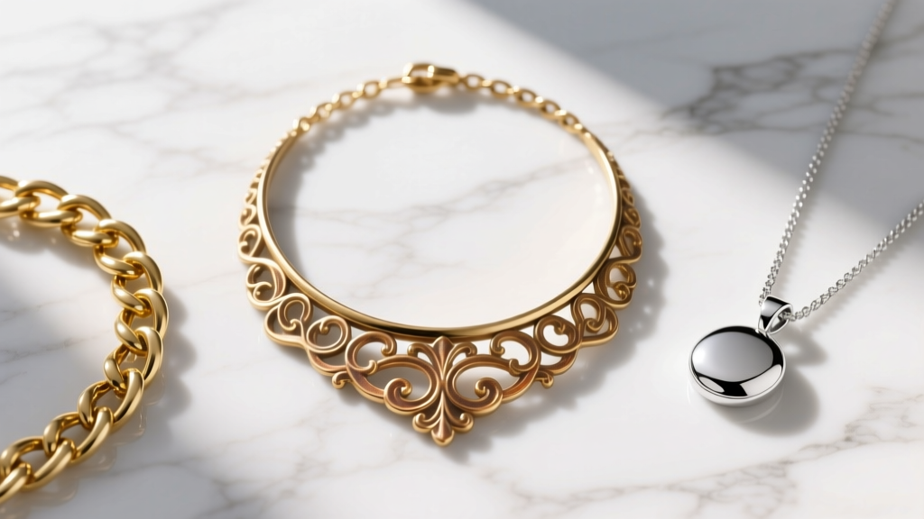 Flat lay on marble comparing three chains: a vintage brass necklace, a gold-filled chain, and a polished sterling silver pendant