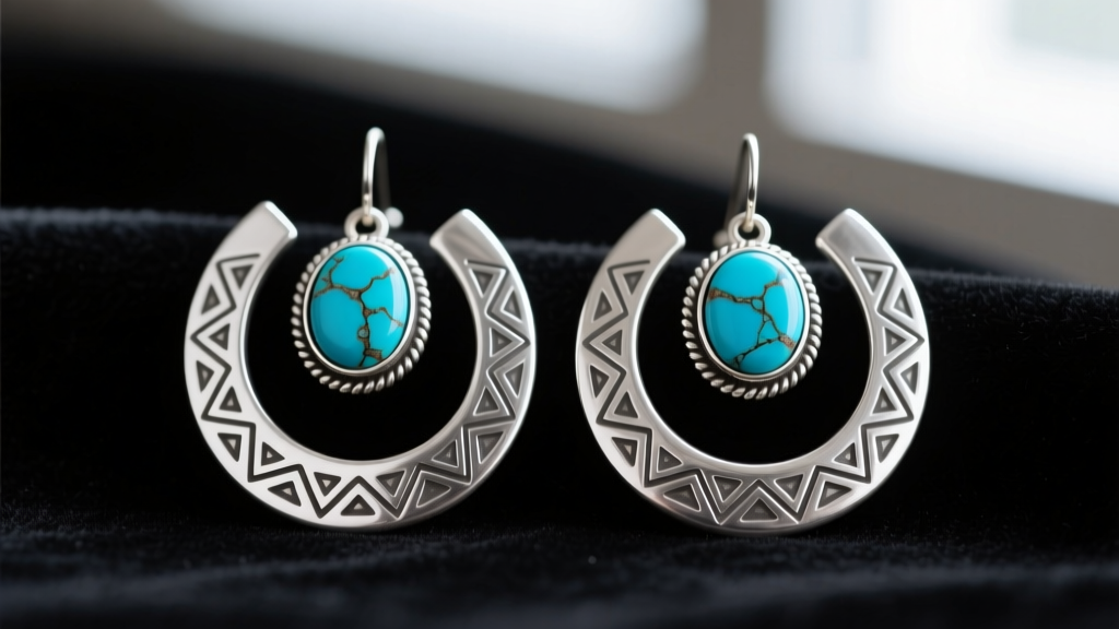 Macro shot of .925 sterling silver concha earrings with hand-stamped edges and genuine Kingman turquoise cabochons on dark velvet