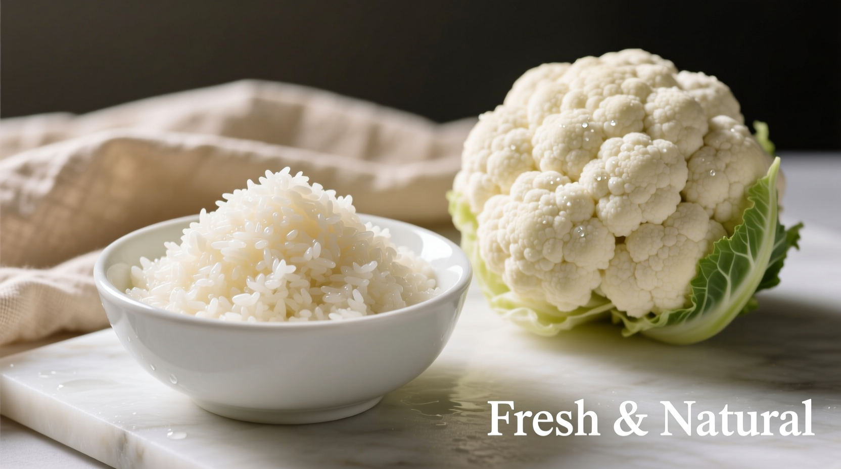 Fresh riced cauliflower in a white bowl next to whole cauliflower