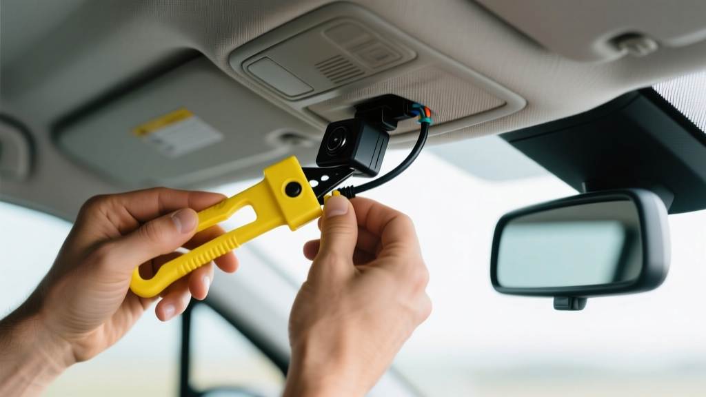 Hands using a yellow plastic trim removal tool to carefully tuck a dash cam hardwire kit cable into the fabric headliner of a van near the rearview mirror