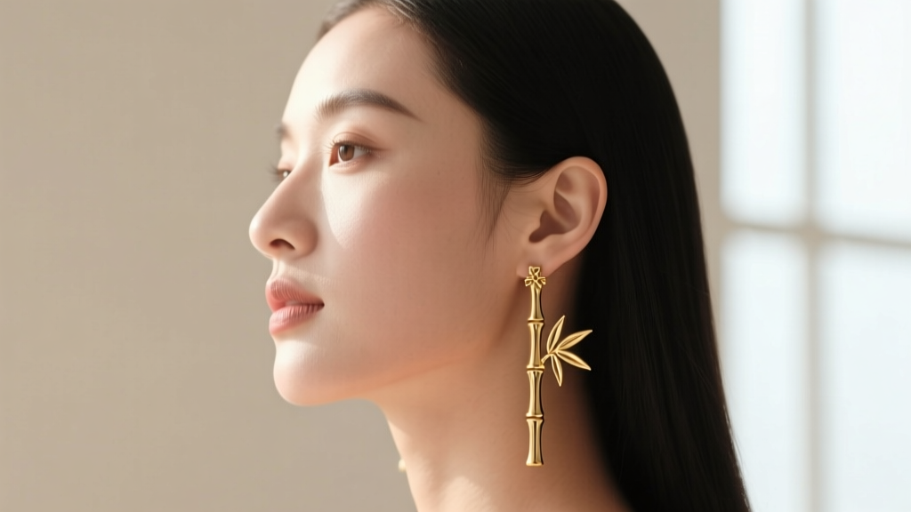 Side profile of a woman wearing 2-inch gold bamboo drop earrings, showing the lengthening visual effect on a round face shape.