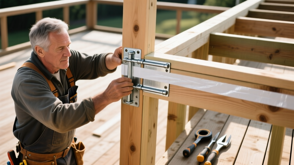 Experienced carpenter installing heavy-duty galvanized joist hangers and waterproof flashing tape on a pressure-treated lumber deck frame