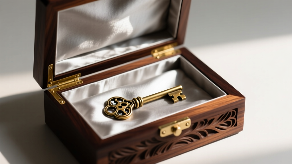 Carved basswood jewelry box with dark finish, open to show anti-tarnish silvercloth lining and vintage skeleton key brass clasp.