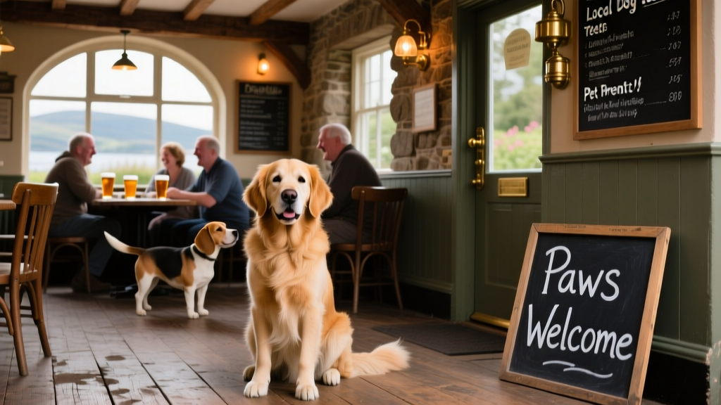 A dog sits in a dog-friendly pub