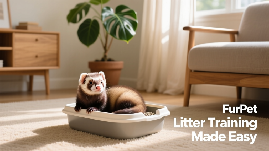 A relaxed ferret resting beside a clean FurPetVo litter pan in a tidy, sunlit living room corner