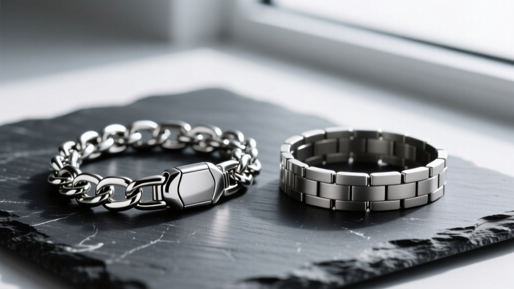 Macro view of a polished 316L surgical steel Figaro chain next to a dull 304 alloy chain, both resting on a dark slate surface.
