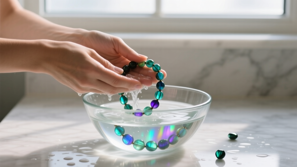 Hands washing a labradorite beaded necklace in a glass bowl of lukewarm water and mild soap, lit by bright natural window light.