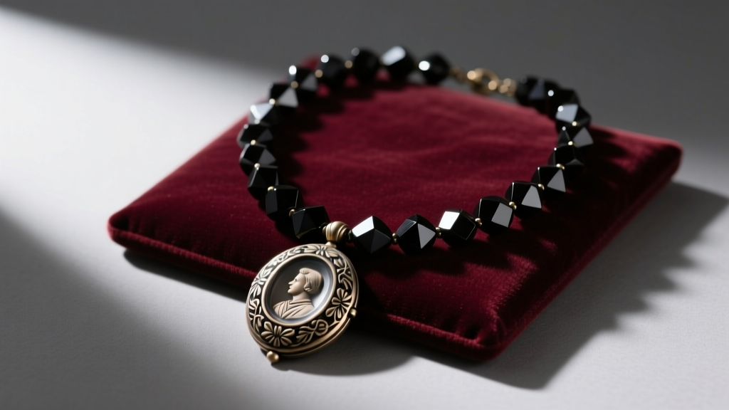 Vintage WW1 mourning necklace crafted from faceted black Whitby jet beads and a carved gutta-percha locket on velvet.