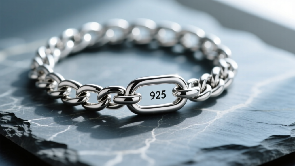 Macro shot of a thick sterling silver chain on slate, focusing on the tiny 925 hallmark stamped on the polished metal clasp