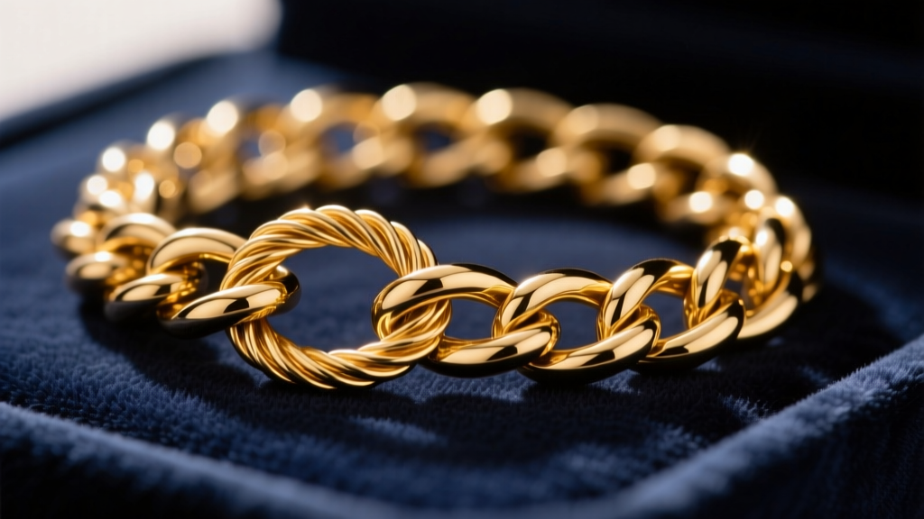 Macro shot of a knotted 14k gold cable chain on dark velvet, lit by a warm spotlight to highlight the tight metal links.
