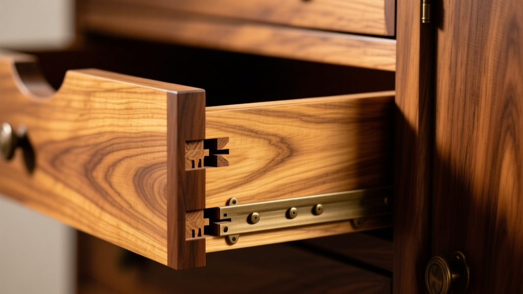 Close-up of dovetail joinery on an antique walnut armoire drawer, highlighting tight wood grain and original hand-cut craft details