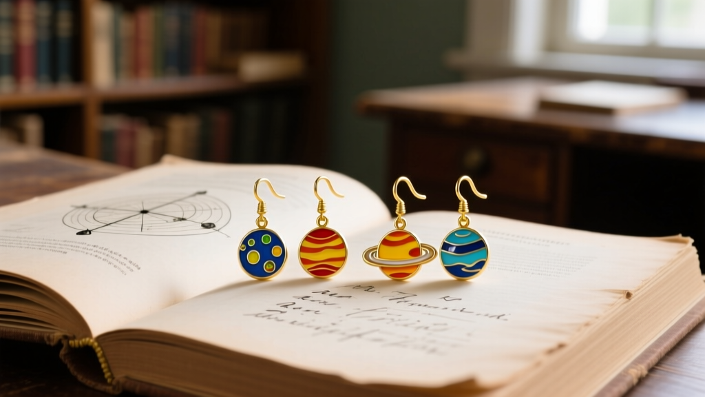 Vibrant enamel solar system dangle earrings with gold posts resting on a vintage science book under soft natural window lighting